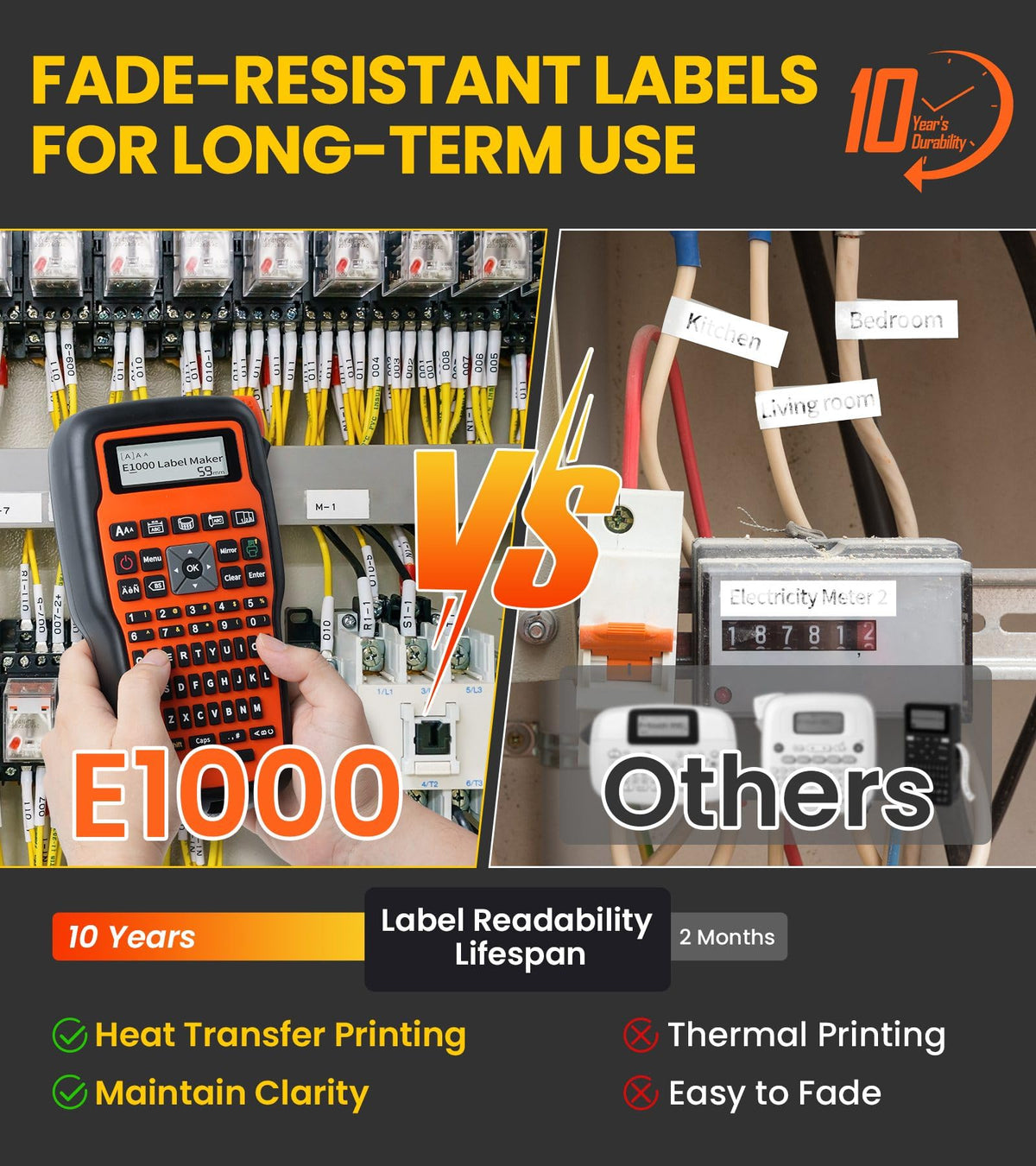 E1000 Heat Shrink Label Maker, Wire Label Maker Waterproof-Labels Orange