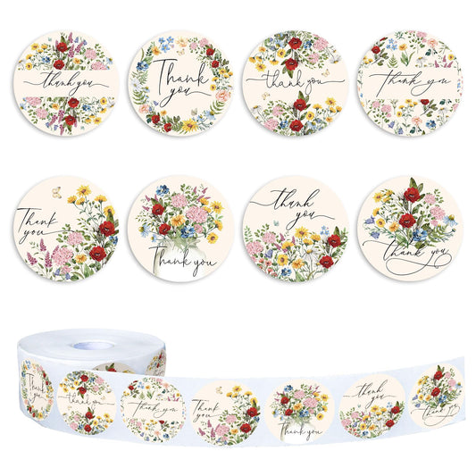 Whaline 1000Pcs Floral Thank You Stickers Roll Spring Vintage Wildflower Label Decals Colorful Flower Self-Adhesive Stickers for Gift Envelope Greeting Cards Party Decor
