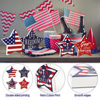 4th of July Decorations, 4 Pcs Wooden Star Signs Patriotic Wood Star Standing Blocks Red White and Blue Tiered Tray Decor for Home Office Independence Day 250th Anniversary Tabletop Decor
