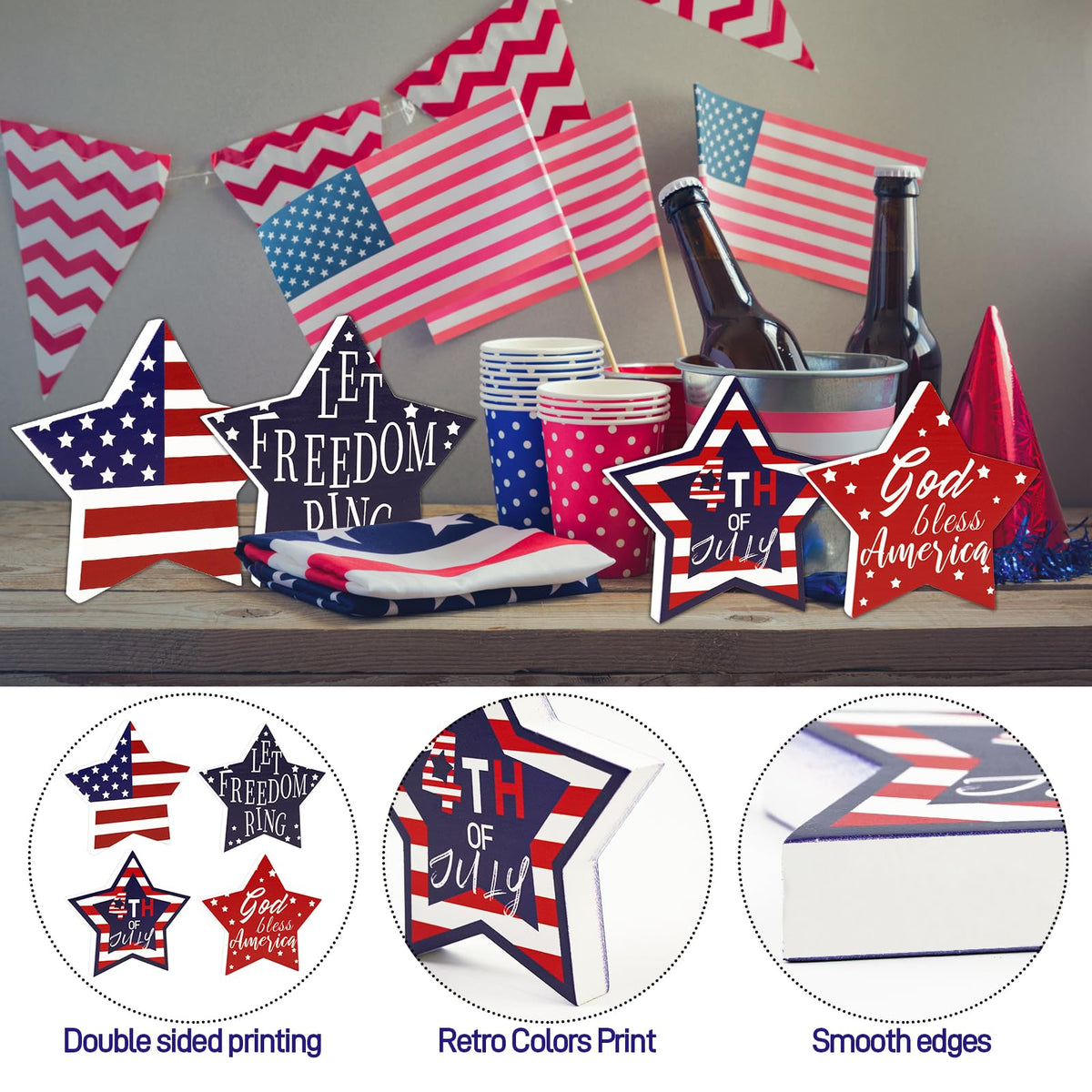 4th of July Decorations, 4 Pcs Wooden Star Signs Patriotic Wood Star Standing Blocks Red White and Blue Tiered Tray Decor for Home Office Independence Day 250th Anniversary Tabletop Decor