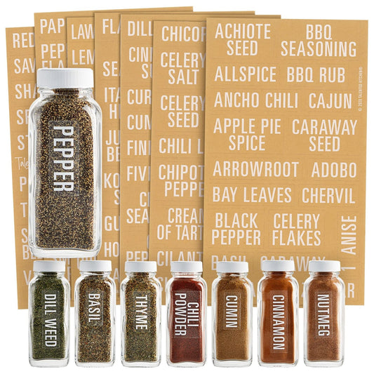 Talented Kitchen 134 Preprinted Minimalist Spice Labels, Bold All Caps White Seasoning Labels for Spice Rack, Kitchen Cabinet and Pantry Organization