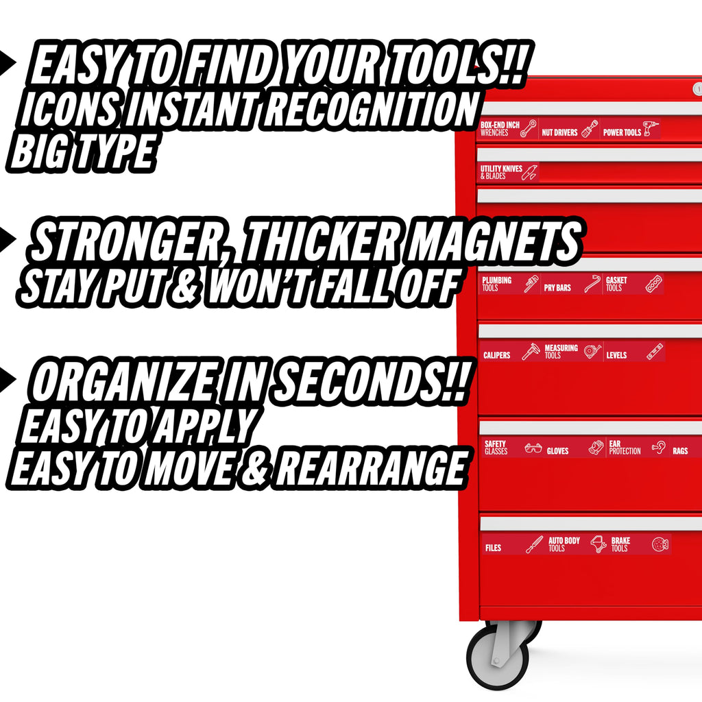 Red Magnetic Tool Box Labels, Toolbox Organization Magnets Red 3.125 x 1.0 Inches