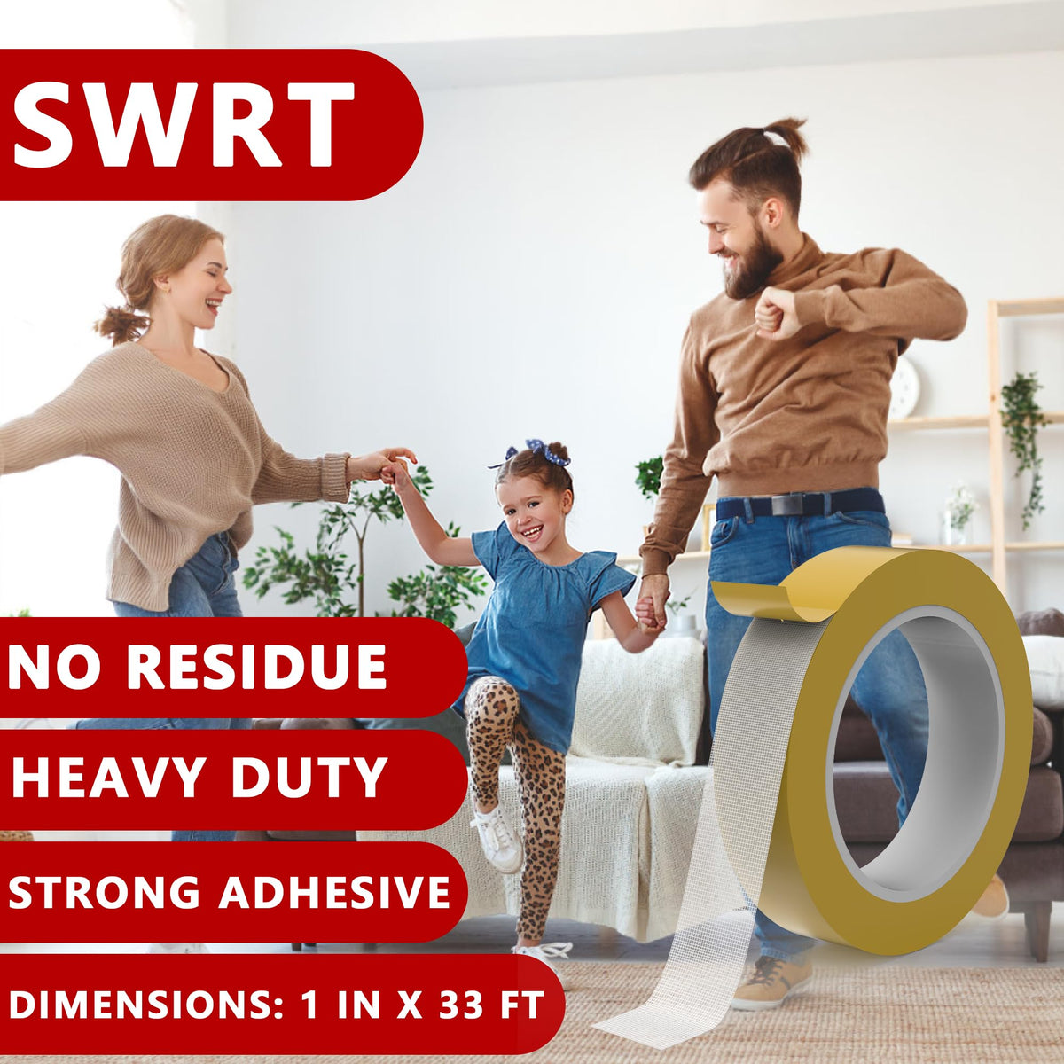 SWRT Double Sided Fabric Tape Heavy Duty, 1Inch x 33FT Multifunctional Double Sided Tape, Clear Fabric Tape for Clothes No Residue Strong Hold for Carpet, Outdoor and More
