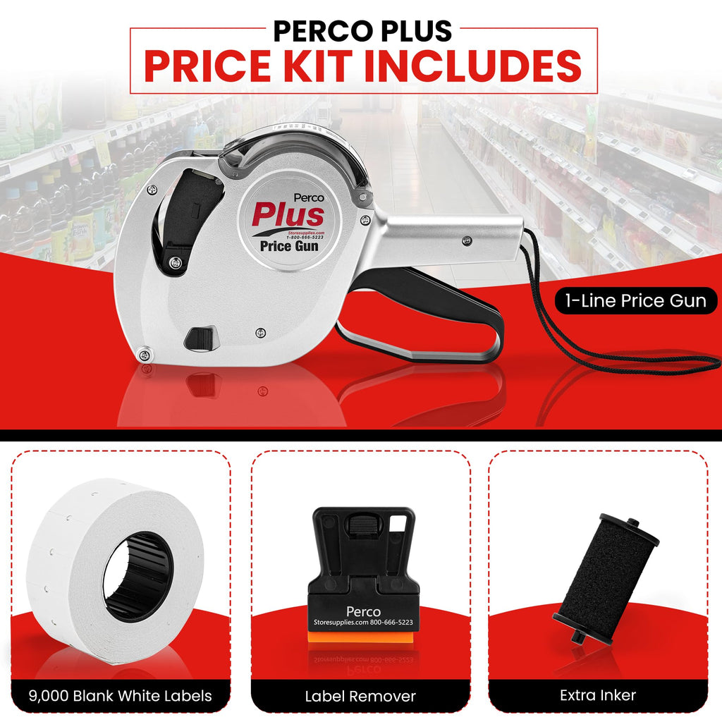 Perco Plus 1-Line Price Marking Gun with Labels Kit - Compares to Monarch 1131-01 Band Includes 1-Line 8-Character Band Price Labeler Gun, 9,000 Blank White Labels, a Label Scraper, and an Extra Inker Price Gun Kit