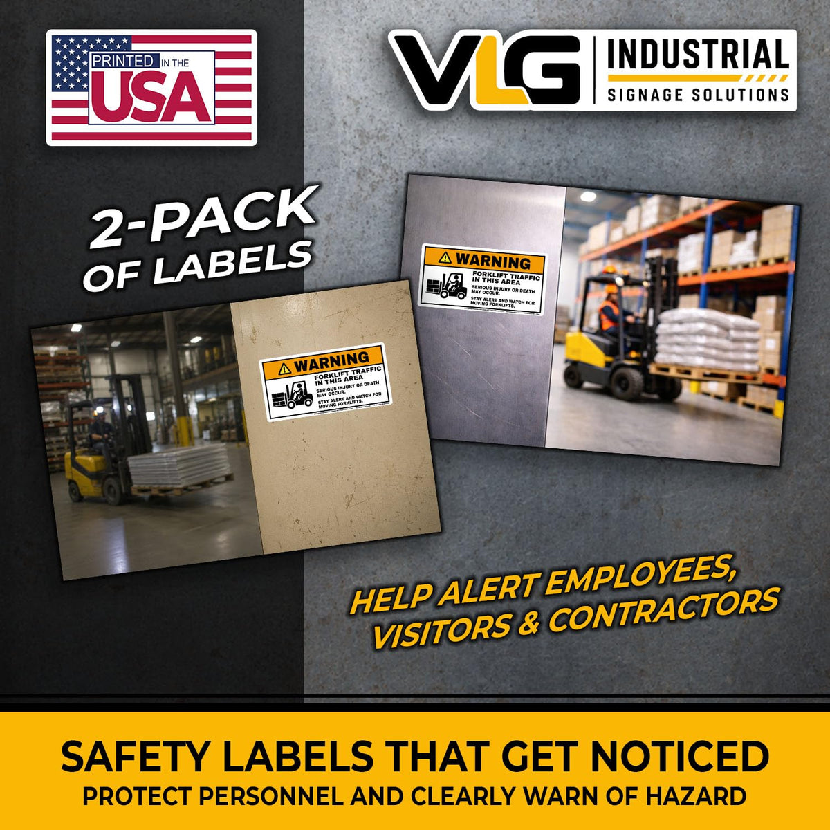 Forklift Traffic Warning Labels 5"x10" (Pack of 2) – ANSI Z535 Safety Decals, Heavy Duty Premium Vinyl, UV Laminated, Aggressive Adhesive, Warehouse & Industrial Forklift Hazard Signs - 5x10 2pc