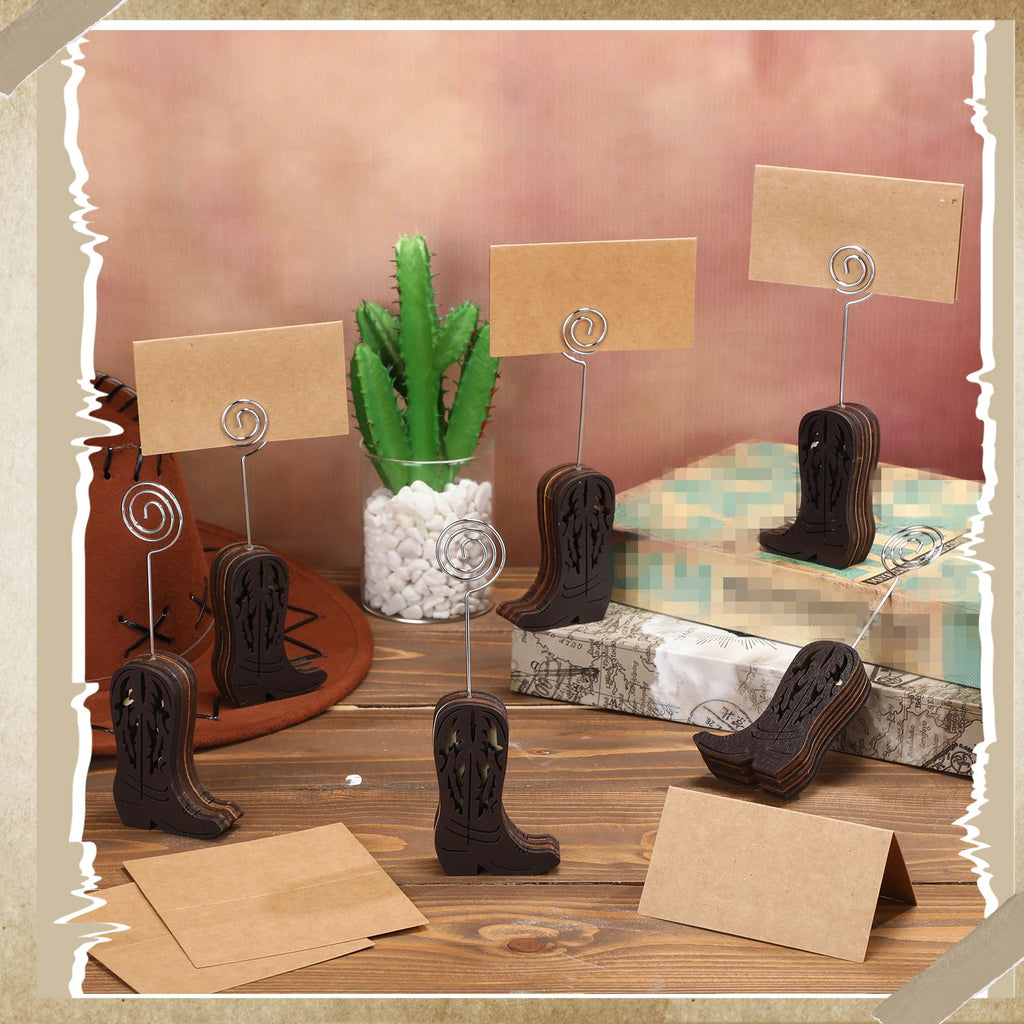 Havawish 10 Set Wooden Cowboy Boot Place Card Holder with Cards, Dark Brown