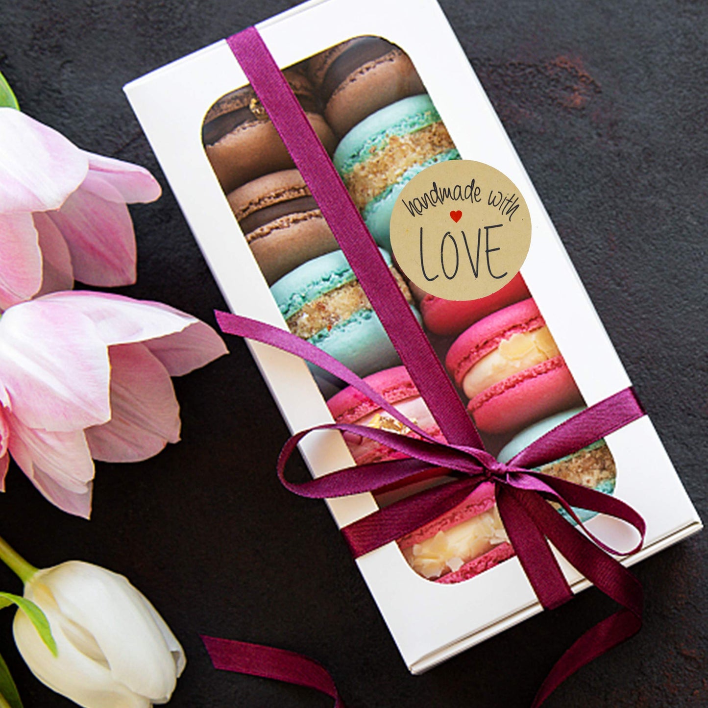 Hybsk Kraft Handmade with Love Stickers with Black Font Total 2" Round 300 Adhesive Labels Per Roll
