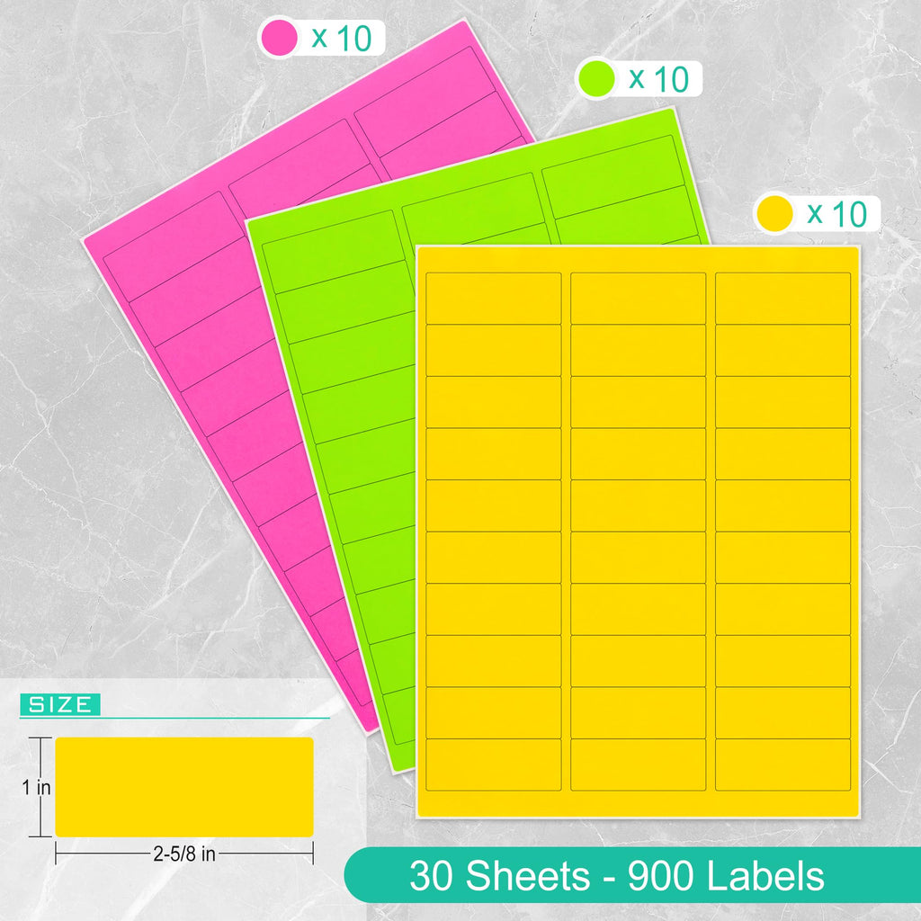 LLIKED 1"x2-5/8" Assorted Fluorescent Address Labels 900 Labels 30 Sheets 1" x 2-5/8"