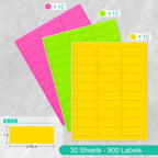 LLIKED 1"x2-5/8" Assorted Fluorescent Address Labels 900 Labels 30 Sheets 1" x 2-5/8"
