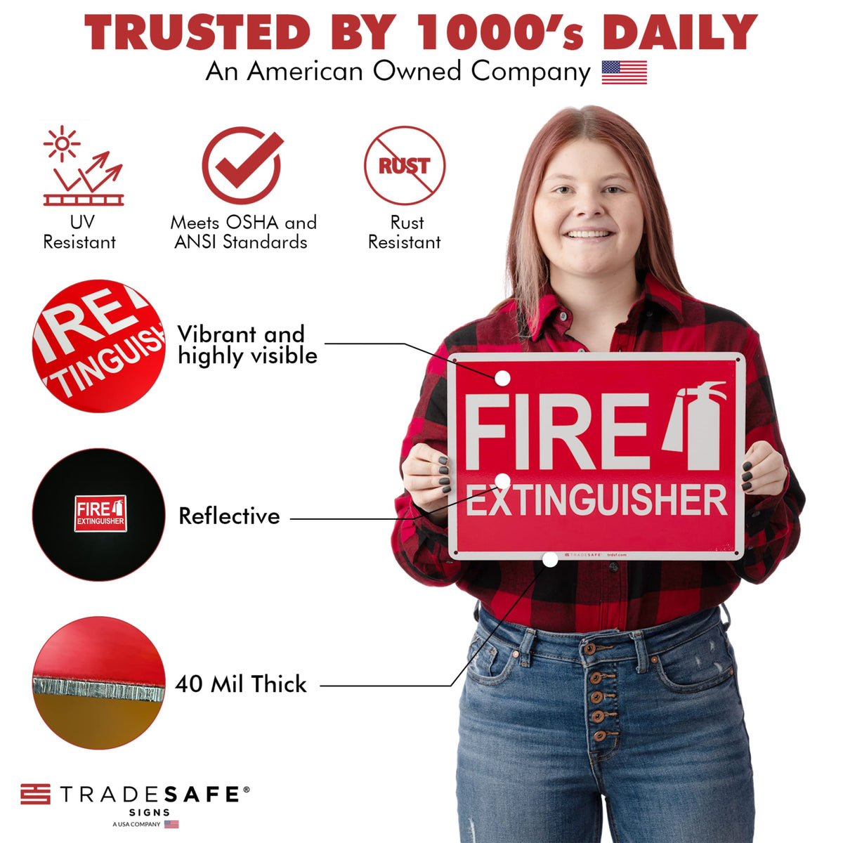TRADESAFE Fire Extinguisher Sign - Fire Sign with Fire Extinguisher Logo, Quick Install Aluminum Safety Sign, Light Reflective, UV-Resistant, Waterproof, 14” X 10” Fire Safety Signs For Business Fire Extinguisher 14x10in