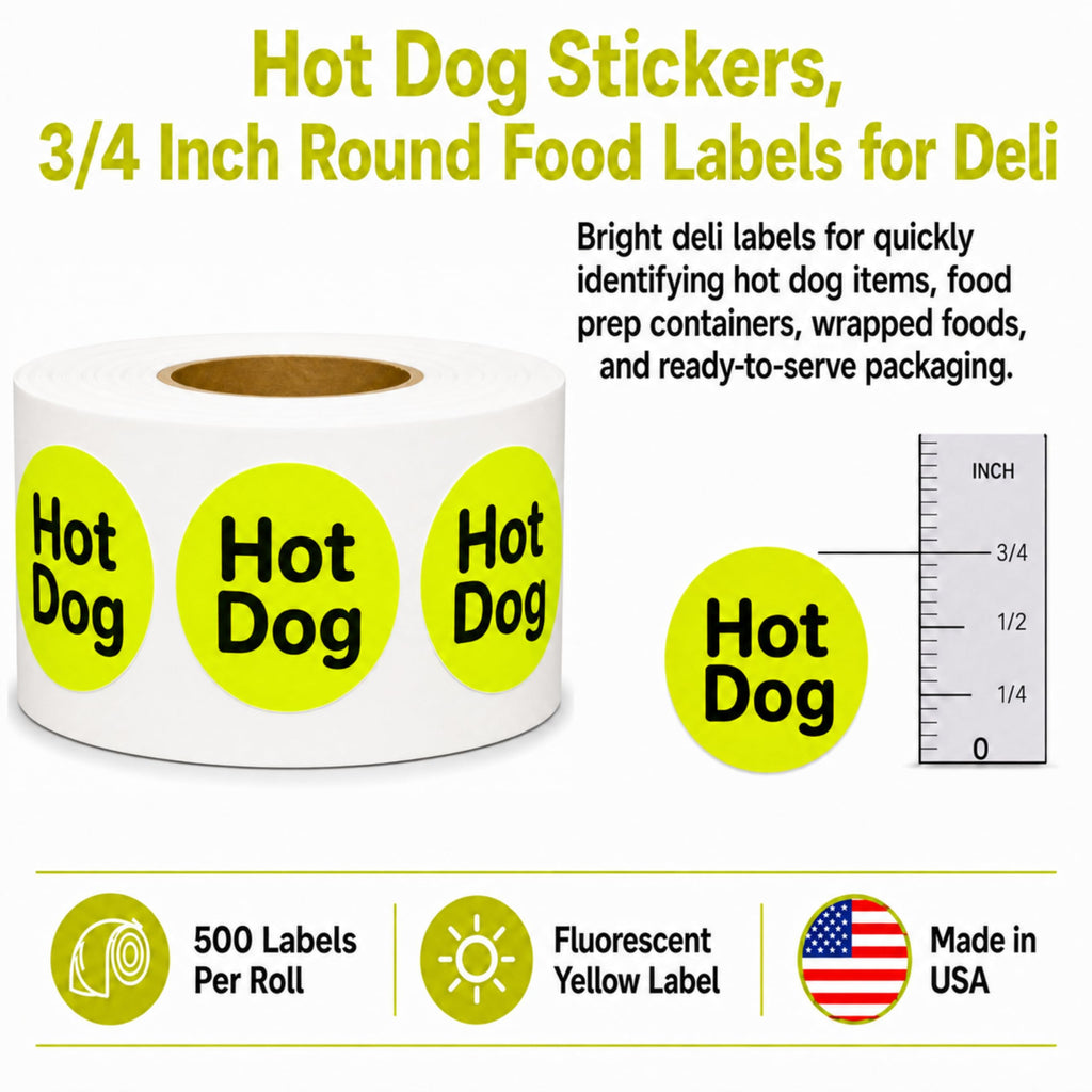 ChromaLabel Hot Dog Stickers, 3/4 Inch Round Food Labels for Deli, 500/Roll
