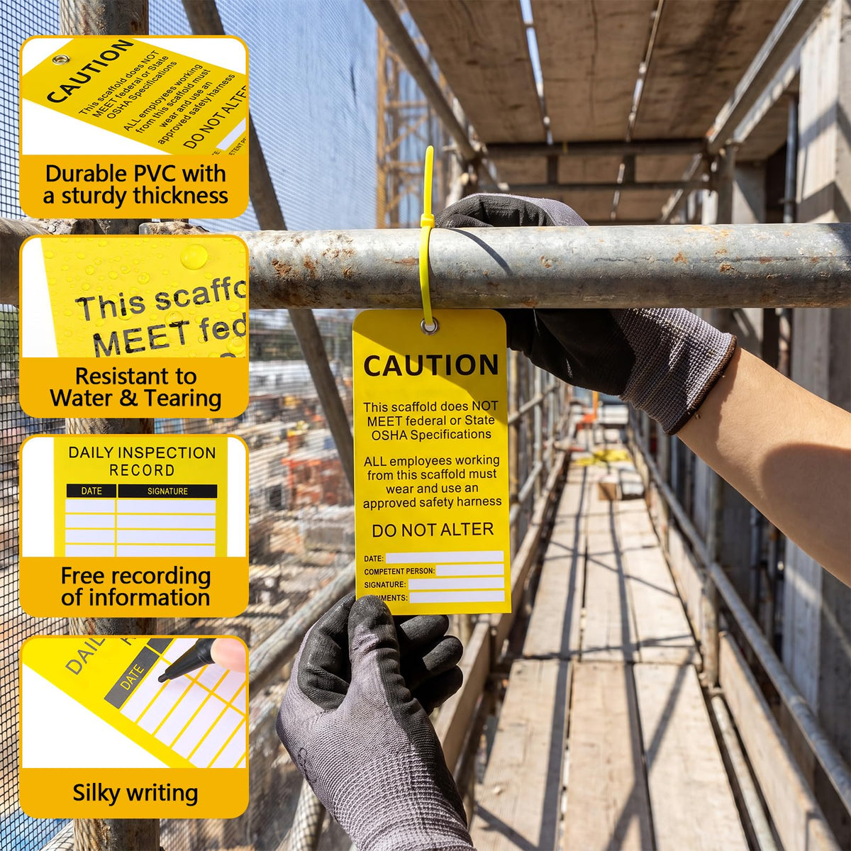 25 Pack Scaffold Status Tags with Cable Ties Yellow Caution Inspection