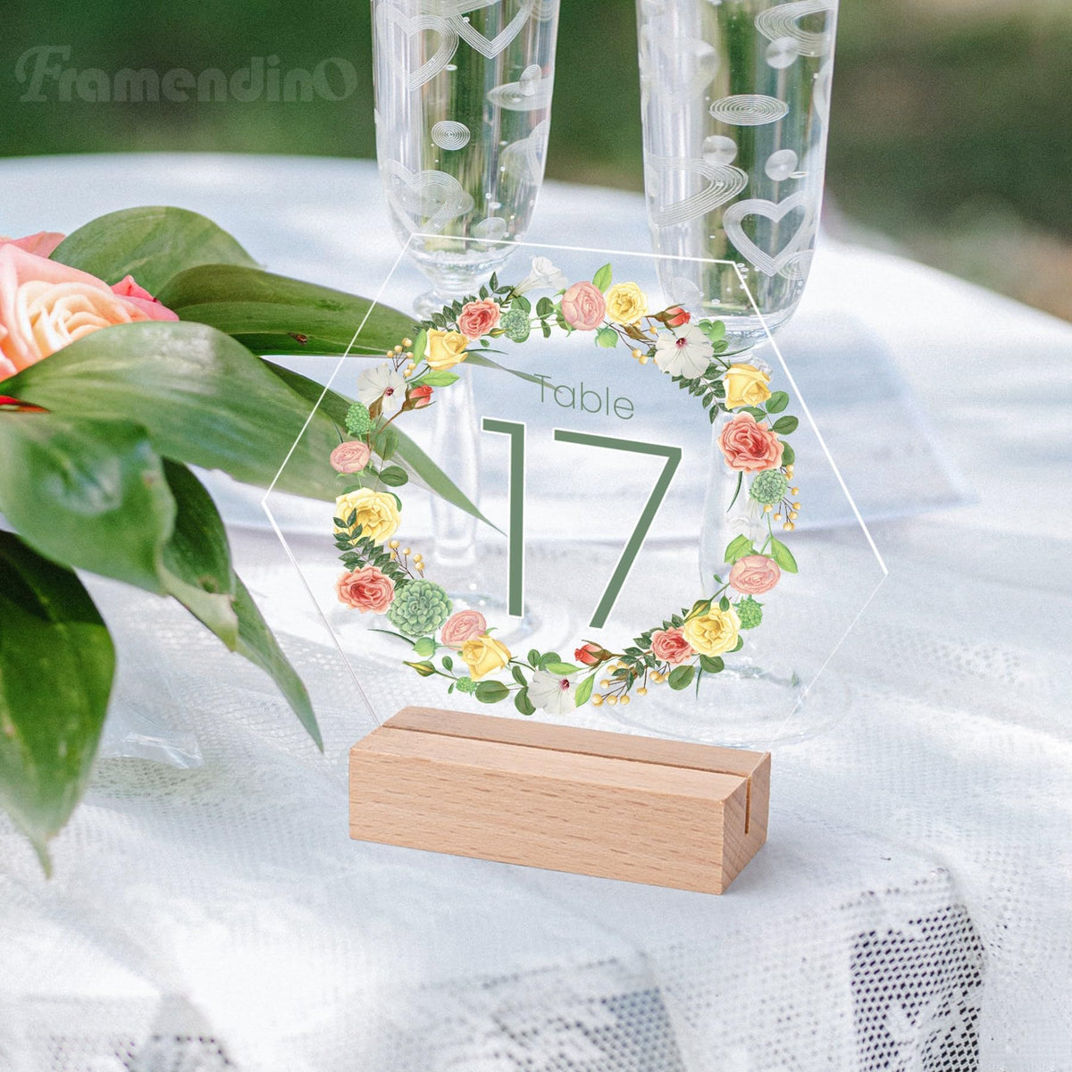 Framendino, 10 Pack Hexagon Acrylic Table Sign with Wood Stand DIY Wedding Signs Blank Holder Numbers Base for Party Decor