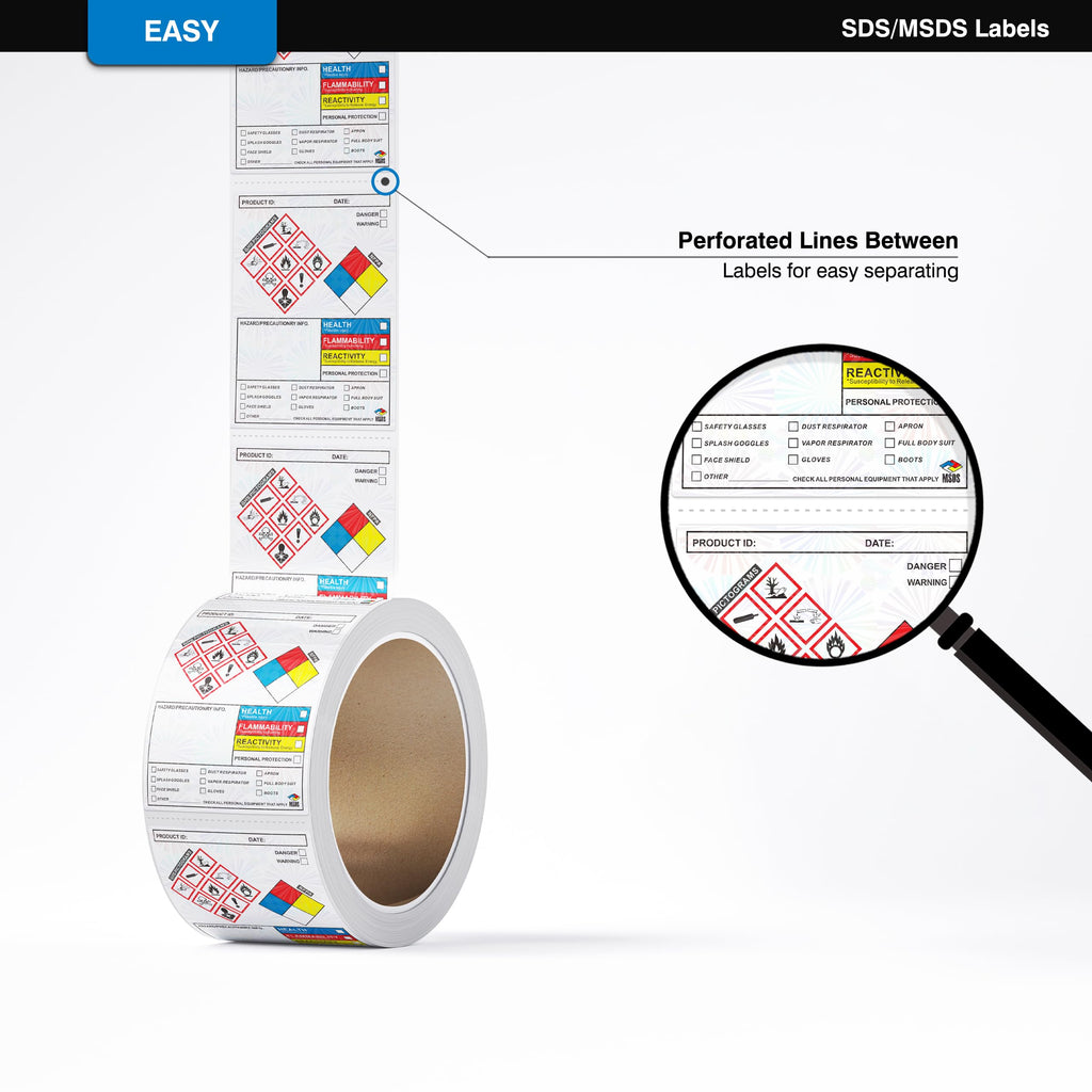 OOOOSIGNO SDS Label Stickers, 4x3 inches, roll of 250 OSHA GHS pictogram stickers with perforated edges for chemical safety.