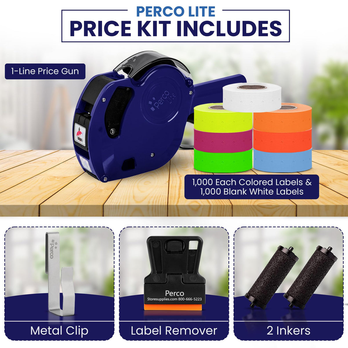Perco Price Gun 1-Line Kit with 6 Multicolored Rolls, Clip & Ink Rollers