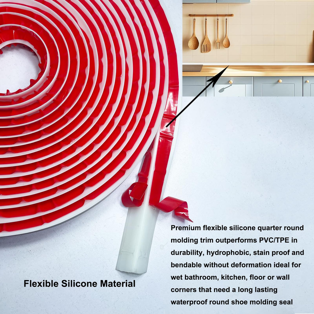 236 Inch Flexible Quarter Round Shoe Molding, Peel and Stick Waterproof Silicone Trim for Bathroom Floor, Corner, Baseboard, Staircase and Cabinet Edge Cover 236"