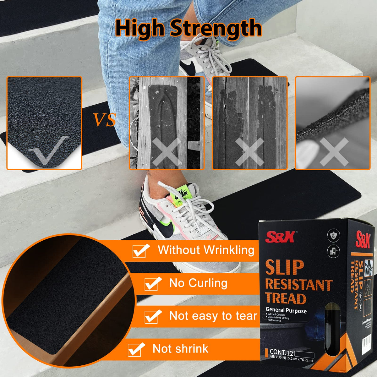 S&X Stair Treads Non-Slip Outdoor Grip Tape, 12-Pack, 6” x 30” Pre-Cut Anti Slip Tape, Black 6" x 30"