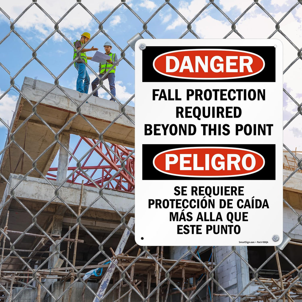 SmartSign 14" x 10" Bilingual (English/Spanish) Danger Fall Protection Required Beyond This Point Metal Sign, 40 mil Laminated Rustproof Aluminum, Pre-Drilled Holes, Red, Black and White, Made in USA
