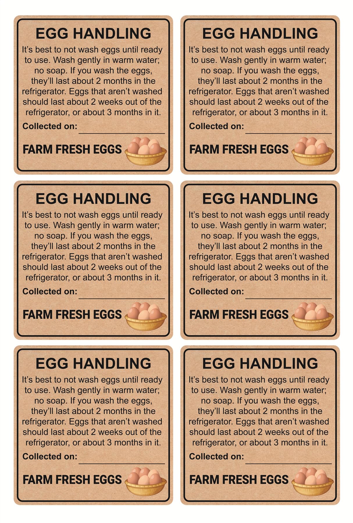Farm Fresh Egg Handling Instruction Sticker, 2 inch, 300pcs, Kraft Paper, Brown, Removable, Easy to Write