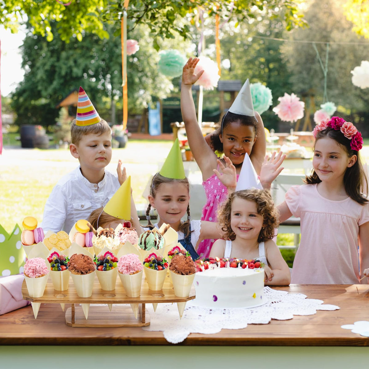 Ice Cream Cone Holder Stand with 100pcs Wooden Cones, 35 Holes Ice Cream Stand, Charcuterie Cones for French Fry Holder, Waffle Cones, Food Display, Catering Supplies, 12"x16"