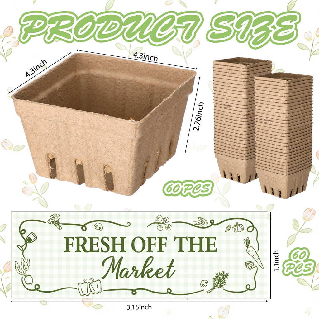 60 Sets Natural Pulp Berry Baskets with Fresh off the the Market Stickers Berry Carton Farmer Market Party Bridal Shower Favor Small Vented Produce Containers for Locally Grown Grocery