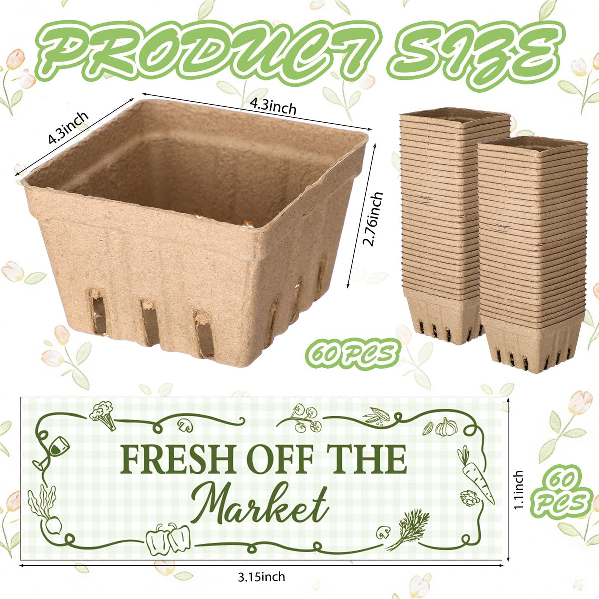 60 Sets Natural Pulp Berry Baskets with Fresh off the the Market Stickers Berry Carton Farmer Market Party Bridal Shower Favor Small Vented Produce Containers for Locally Grown Grocery