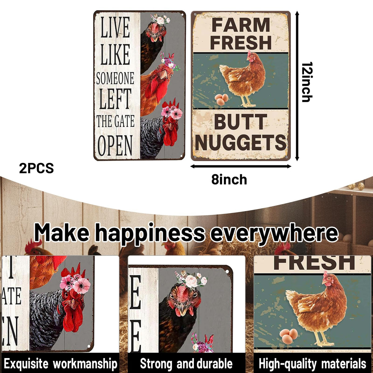 2PCS Chicken Coop Decor, Farmhouse Chicken Signs with Construction, Rustic Chicken Decorations for Outdoor Coops, Set of Two Chicken Coop Signs Measuring 20x30cm