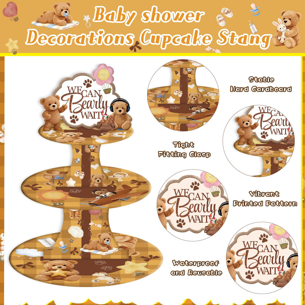 Bear Baby Shower Cupcake Stand - Brown 3 Tier Teddy Bear Baby Shower Decorations for Boys Girls, We Can Bearly Wait Dessert Table Decor with Toppers Gender Reveal Party Supplies