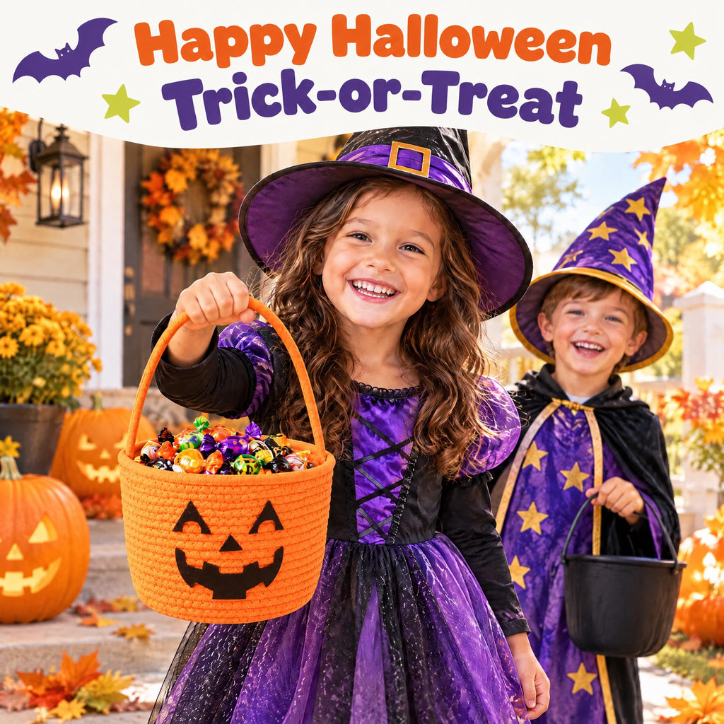 Halloween Basket, Woven Cotton Rope Pumpkin Pail with Handle white yellow