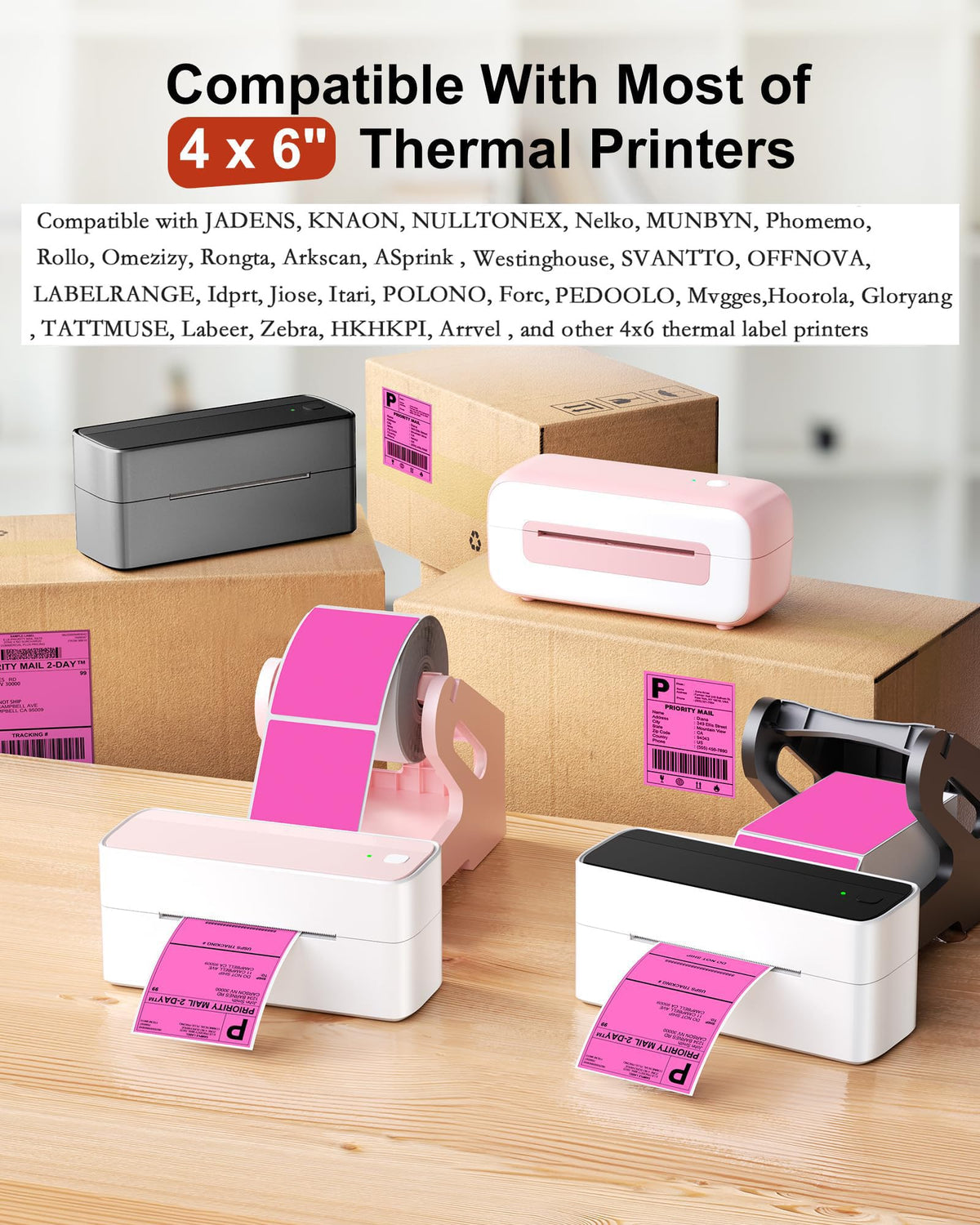 Phomemo 4x6 Thermal Shipping Labels Fan-Fold 500 PCS Adhesive Address Paper Rose 4x6*500