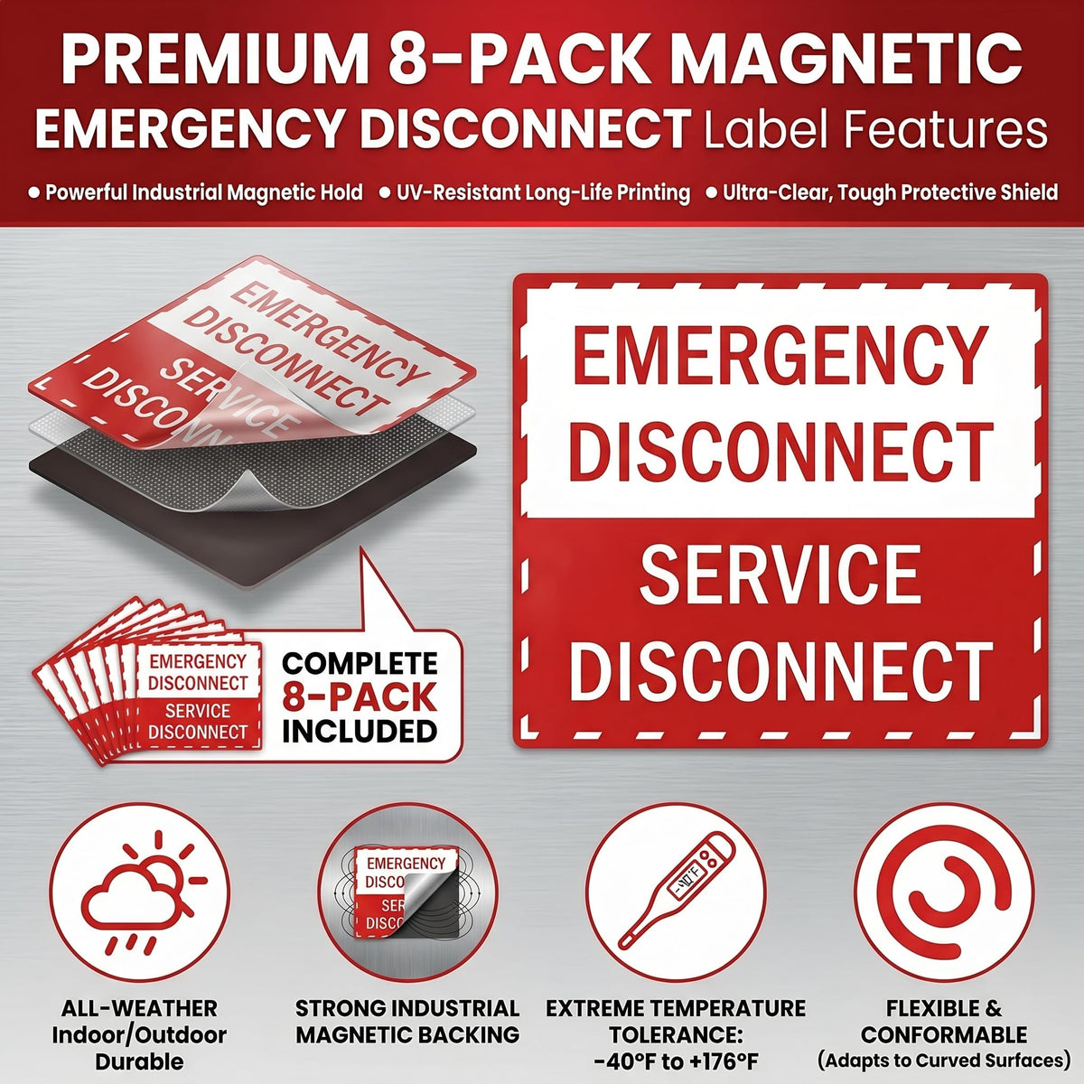 NICEXIYAZI-NEC Compliant Emergency Disconnect Stickers, 5 x 3.5 Inch Warning Labels, Service Disconnect Danger Notice Signs for Indoor & Outdoor Electrical Use