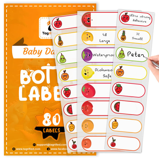 80 Premium Baby Bottle Labels - Washable and Waterproof Labels for Bottles, Toys, Food Containers - Durable, Super Adhesive, Self Laminating and Writable Daycare Bottle Label - Fruit Fiesta Theme