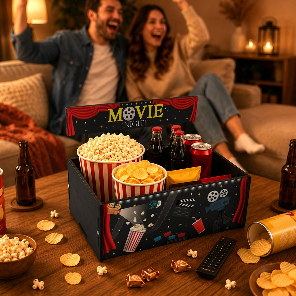 Movie Night Supplies Wooden Movie Night Snack Trays Gift Basket Halloween Home Theater Snack Caddy Popcorn Drink Candy Holder Box for Family Room Container Decor