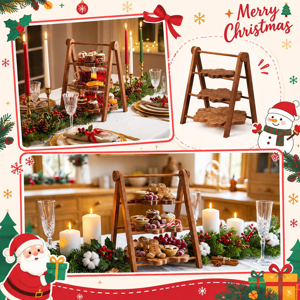 Marsui 3 Tier Christmas Snowflake Serving Tray with 16 in Collapsible Stand