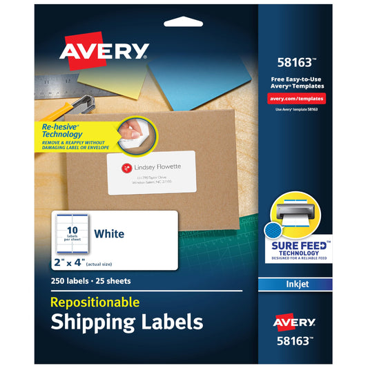 Avery Repositionable Printable Shipping Labels with Sure Feed, 2" x 4", White, 250 Blank Mailing Labels (58163) 2 in. X 4 in. 1