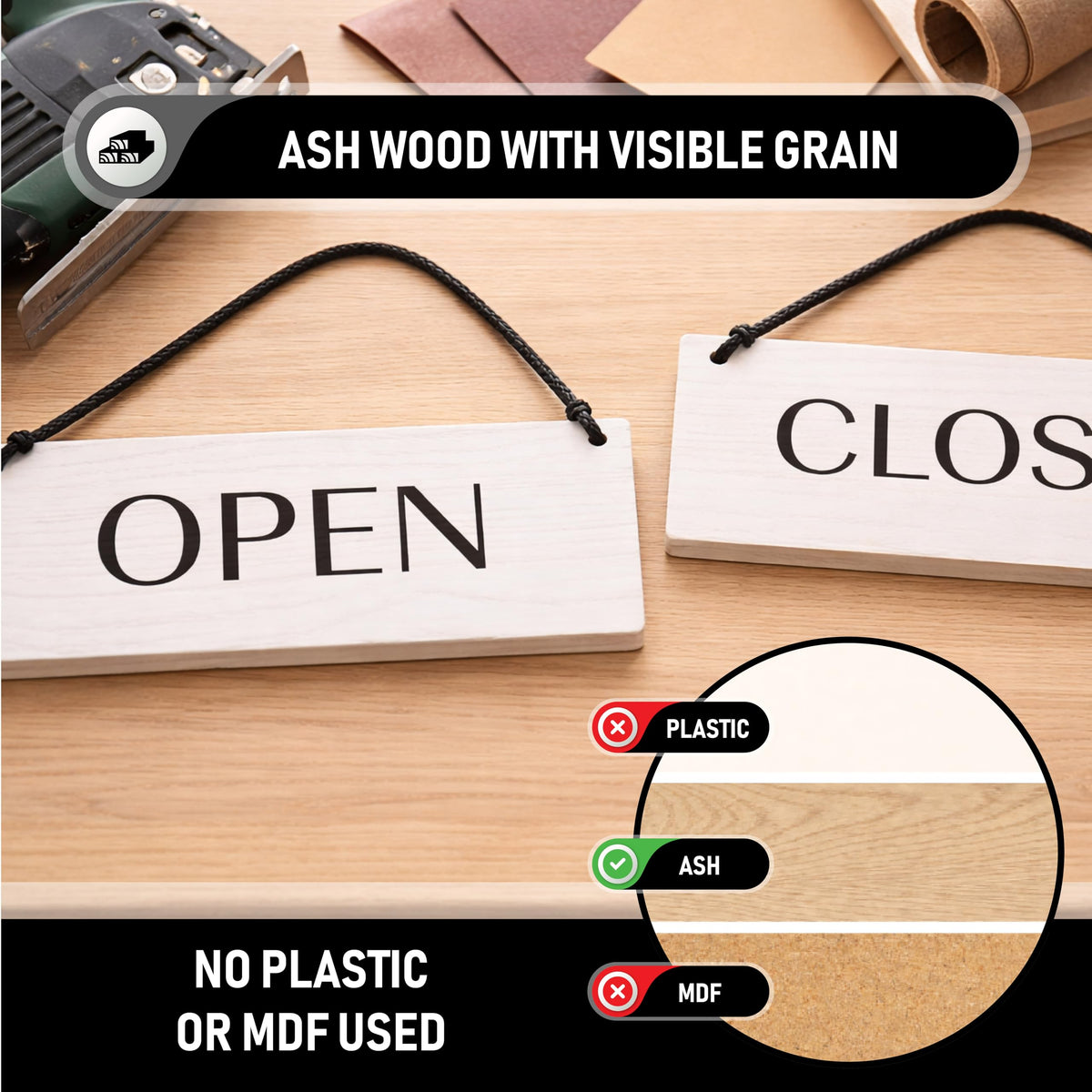 Open Closed Business Sign – Double Sided Real Ash Wood Hanging Open Sign for Storefront Door or Window - White Minimalist We Are Open Sign - 10 x 4 Inch