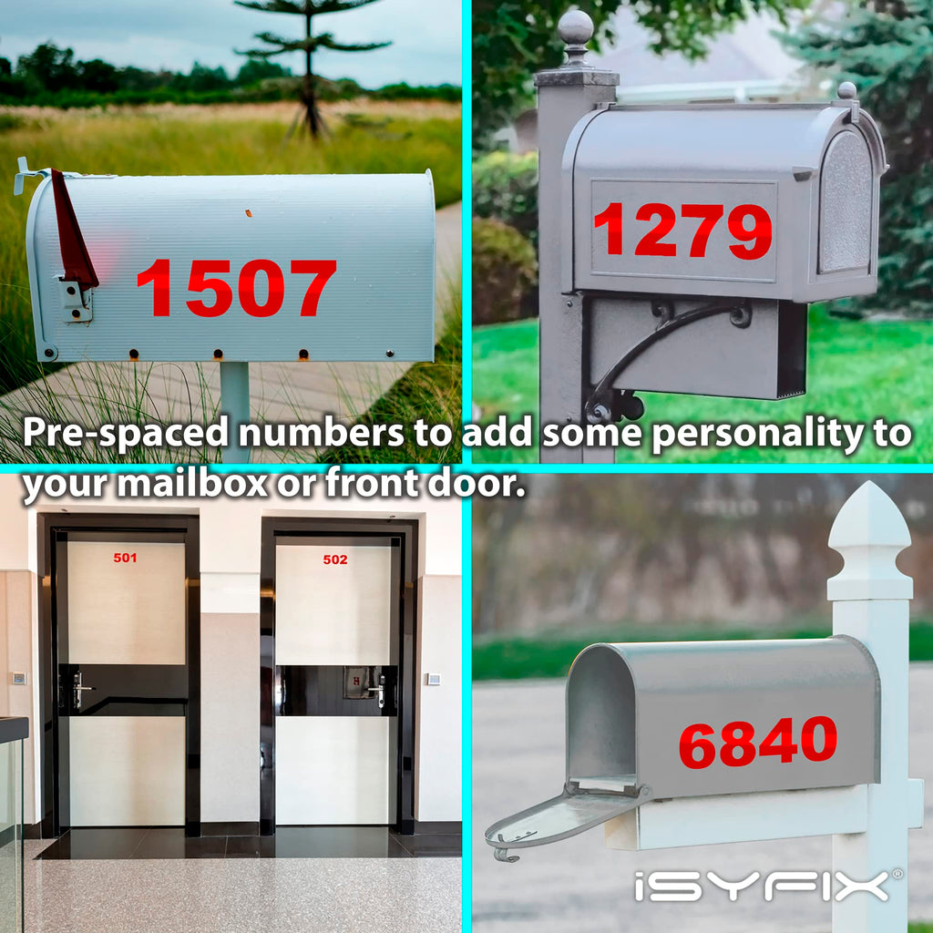 iSYFIX Reflective Red Vinyl Numbers Stickers – 4 Inch Self Adhesive (2 Sets) Premium Decal Die Cut and PreSpaced for Mailbox, Signs, Window, Door, Cars, Trucks, Homes, Businesses, Address Numbers,
