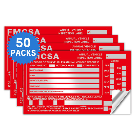 50-Pack Annual Vehicle Inspection Label 1.6 mil Aluminum Red FMCSA Label with Permanent Self Adhesive 6" x 3.5" DOT Compliant 50 Count Red Label