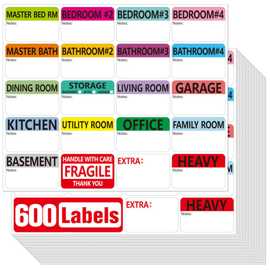 600 PCS Home Moving Labels, 20 Designs Color-Coding Packing Box Labels Pre-Printed Stickers with Writable Notes Areas (Each Measures 2” x 3”) 600