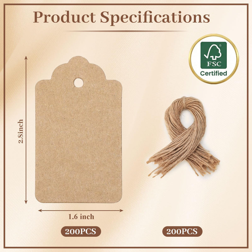 SallyFashion Kraft Gift Tags with String, 200 Pack 1.6 X 2.8 inch 200 Brown
