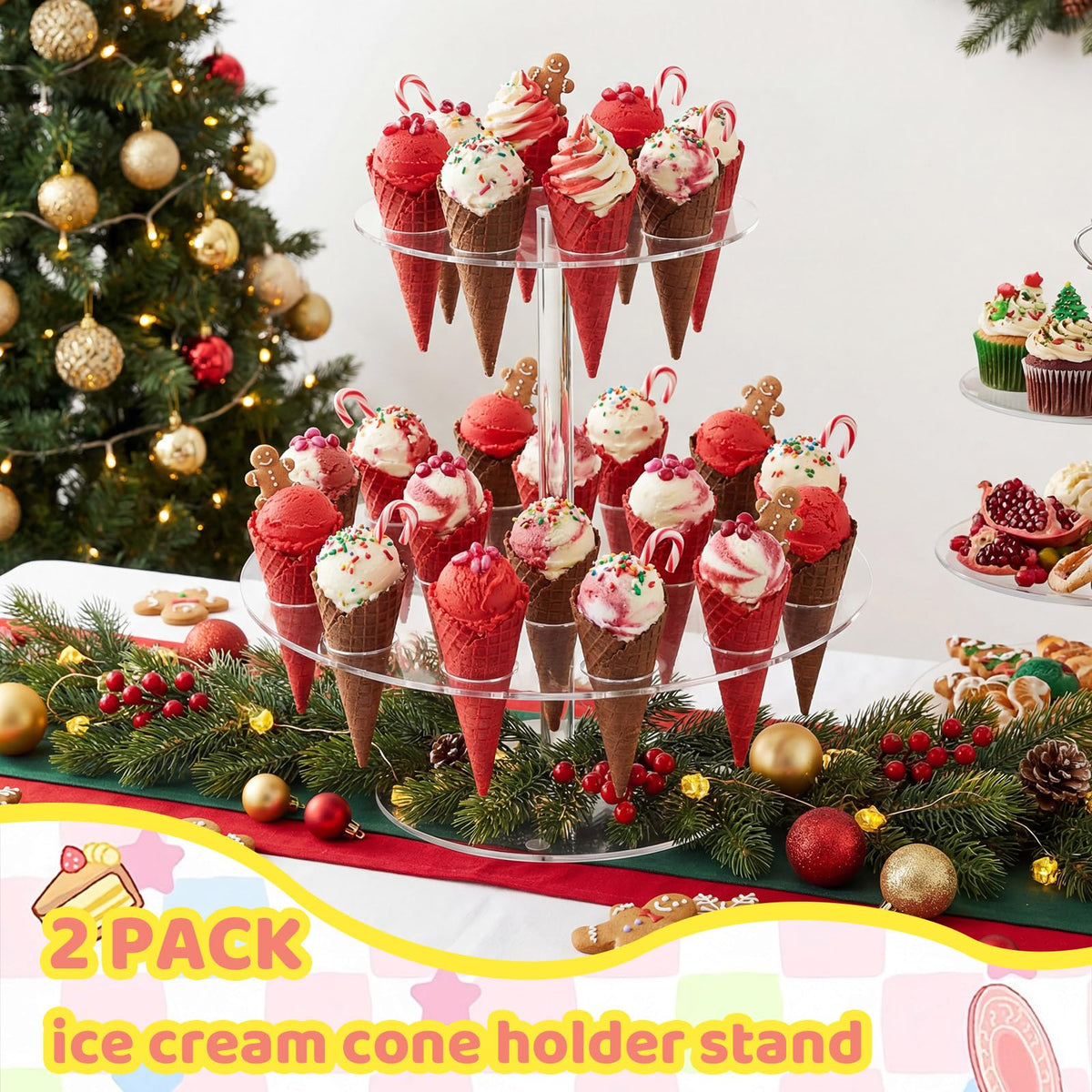 FoldTier 2 Pack Acrylic Ice Cream Cone Holder Stand, 2 Tier with 24 Holes