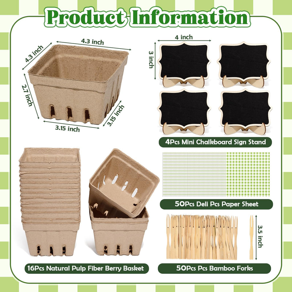 16 Set Farmers Market Decorations Natural Pulp Fiber Berry Baskets Kit with Deli Paper Sheets Bamboo Forks Mini Chalkboard Signs for Farm Stand Strawberry Blueberry Fruit Vegetable Grocery & Party Natural Green 16