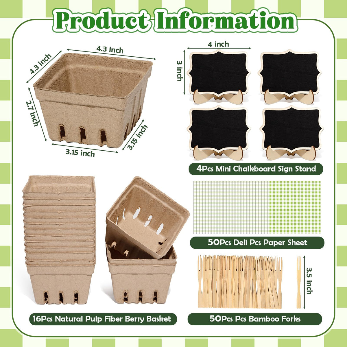 16 Set Farmers Market Decorations Natural Pulp Fiber Berry Baskets Kit with Deli Paper Sheets Bamboo Forks Mini Chalkboard Signs for Farm Stand Strawberry Blueberry Fruit Vegetable Grocery & Party Natural Green 16