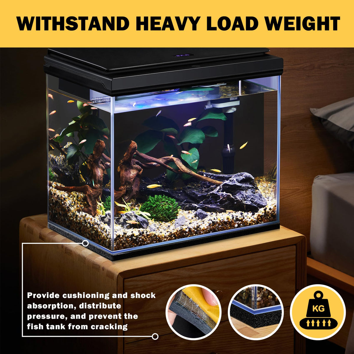 Aquarium Leveling Fish Tank Mat for Under Tank 15x29.5 inch | 6mm Thick Neoprene Padding with Self-Adhesive Backing Shockproof Waterproof Cut to Fit for 5/10/15/20 Gallon Tank