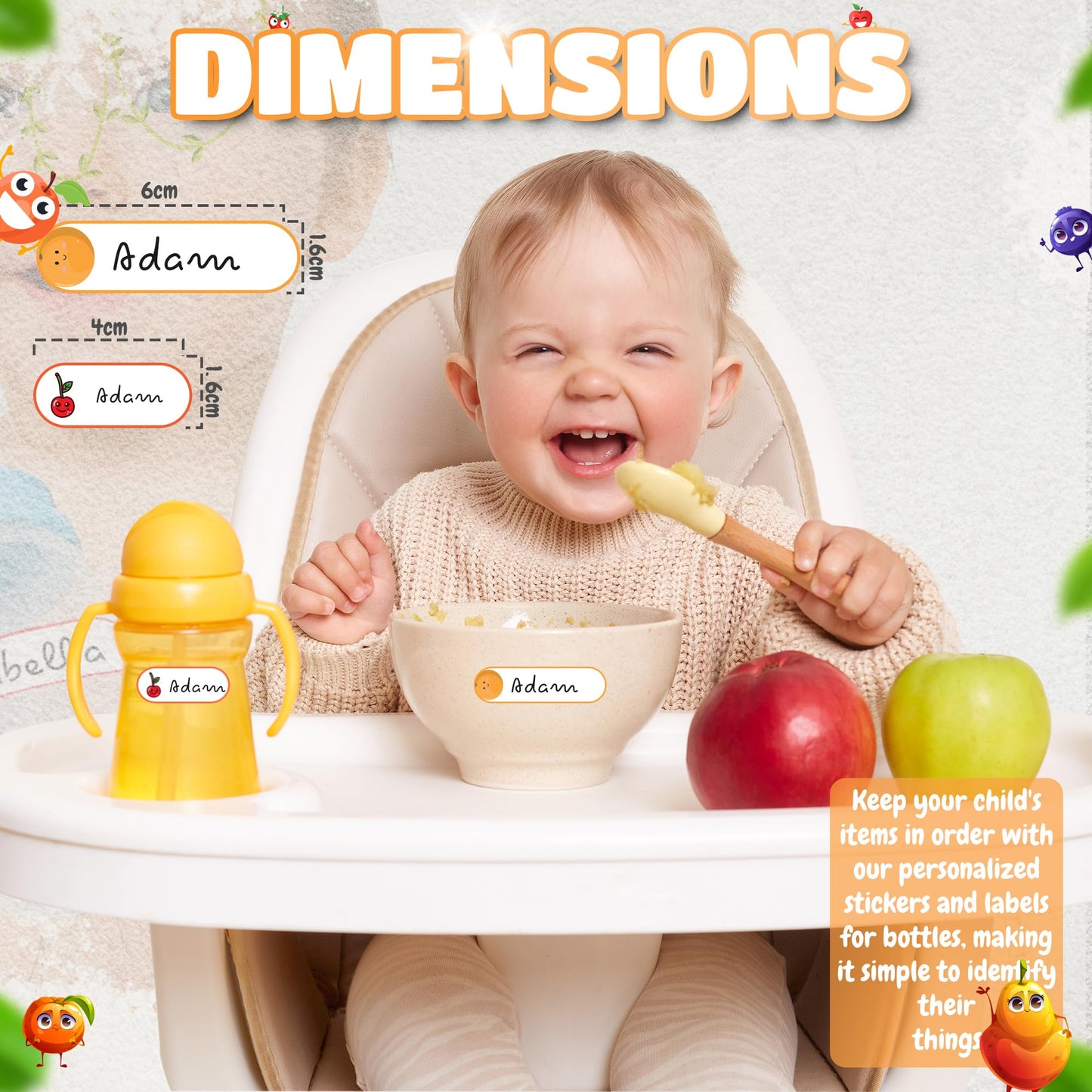 80 Premium Baby Bottle Labels - Washable and Waterproof Labels for Bottles, Toys, Food Containers - Durable, Super Adhesive, Self Laminating and Writable Daycare Bottle Label - Fruit Fiesta Theme