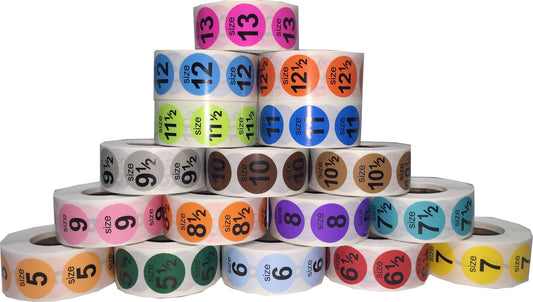 Shoe Size Stickers - Adhesive Colored Shoe Retail Labels - Bulk Pack Size 5 Through 13. 8,500 Stickers