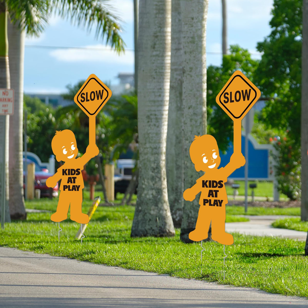 4 Pack Slow Down Kids at Play Signs for Street 16 x 12 Inches Double Sided Children Playing Safety Sign with Metal Stake Neighborhood Street Caution Yard Signs Orange 4