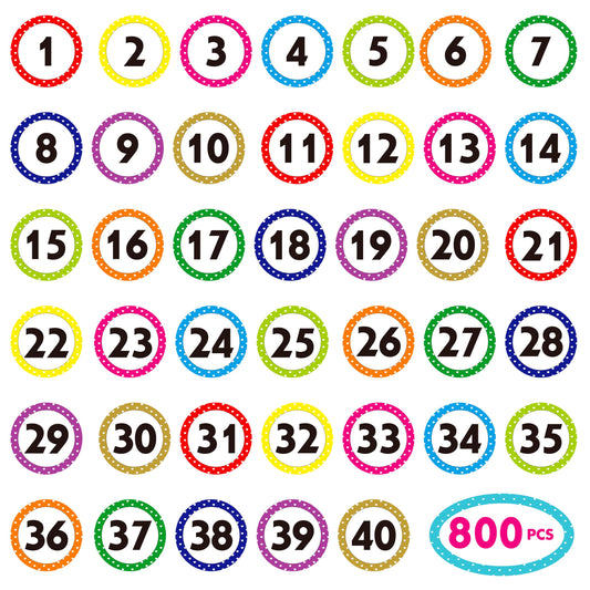 800 PCS 1-40 Number Stickers, Polka Dot Water/Oil/Tear Resistant Consecutive Number Labels, Remove Without Residue for Indoor, Outdoor, Office, Classroom, Storage, Organizing, Boxes (1”, 20 Sheets) 800