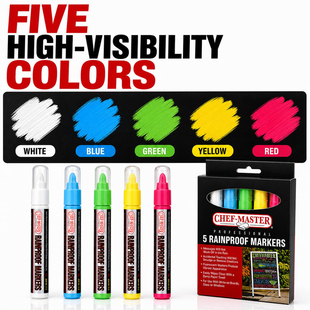 Chef Master Waterproof Markers, 5 Vibrant Colors, No Smudge, Rainproof