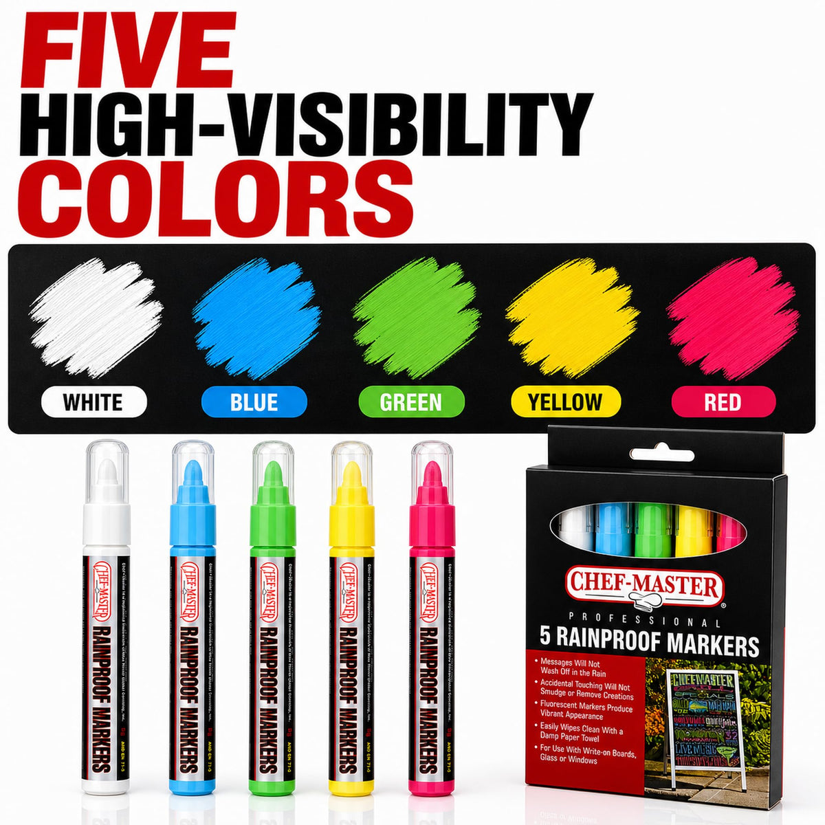 Chef Master Waterproof Markers, 5 Vibrant Colors, No Smudge, Rainproof